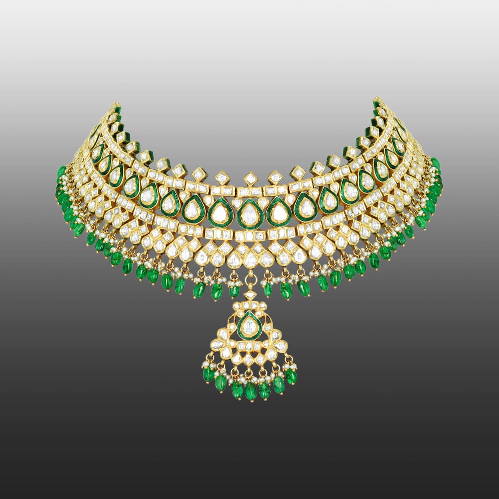 Polki Choker with Green Meenakari and Emerald Maniya